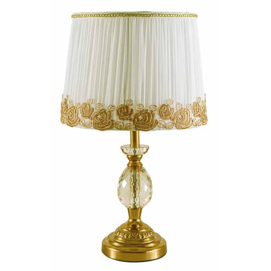 Επιτραπέζια λάμπα 50*30 εκ. μπρούτζινη βάση κρύσταλλα υφασμάτινο λευκό χρυσοκέντητο καπέλο 0204016